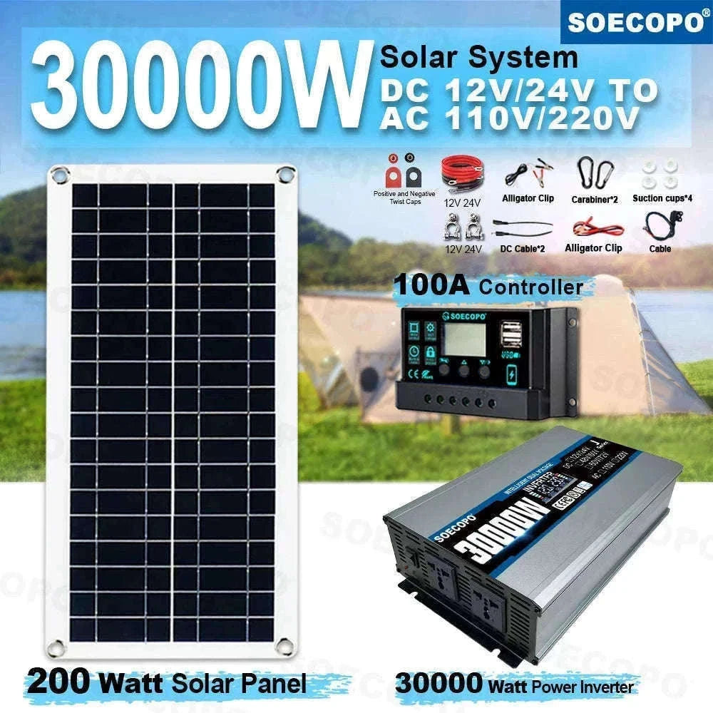 30000W Peak Solar Power Kit 2200W Inverter 200W Panel System-12V 24V To 110V 60Hz