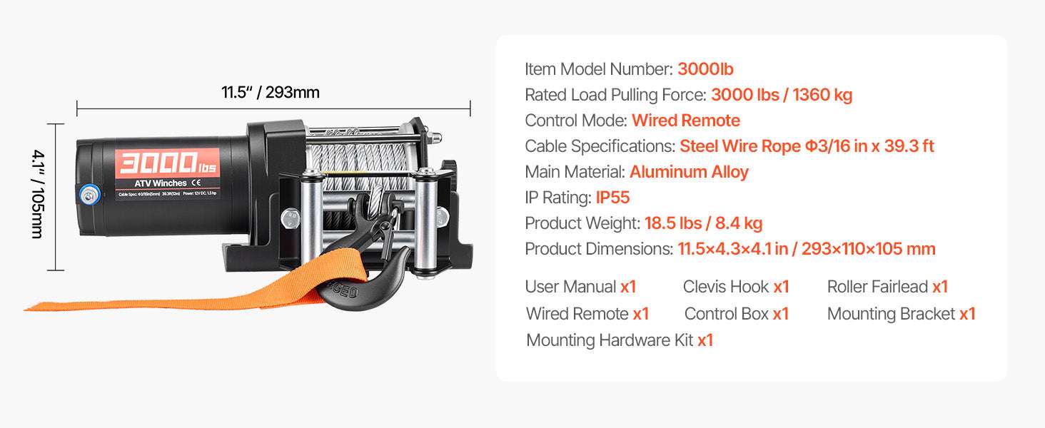 3000lb Electric ATV Winch 12V with Steel Rope & Wired Remote-3000lbs / United States