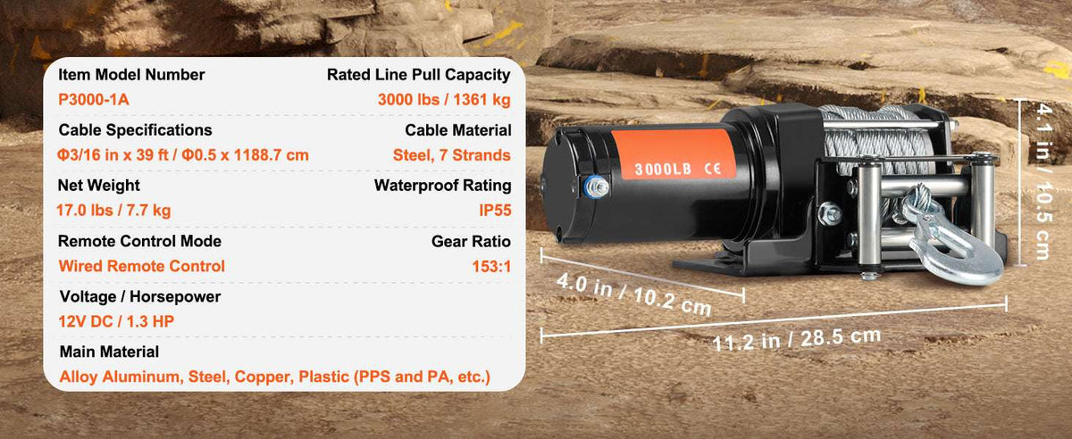 3000lbs ATV Electric Winch with 12V Motor & 39ft Steel Cable-3000lbs 39ft 1.3hp / france