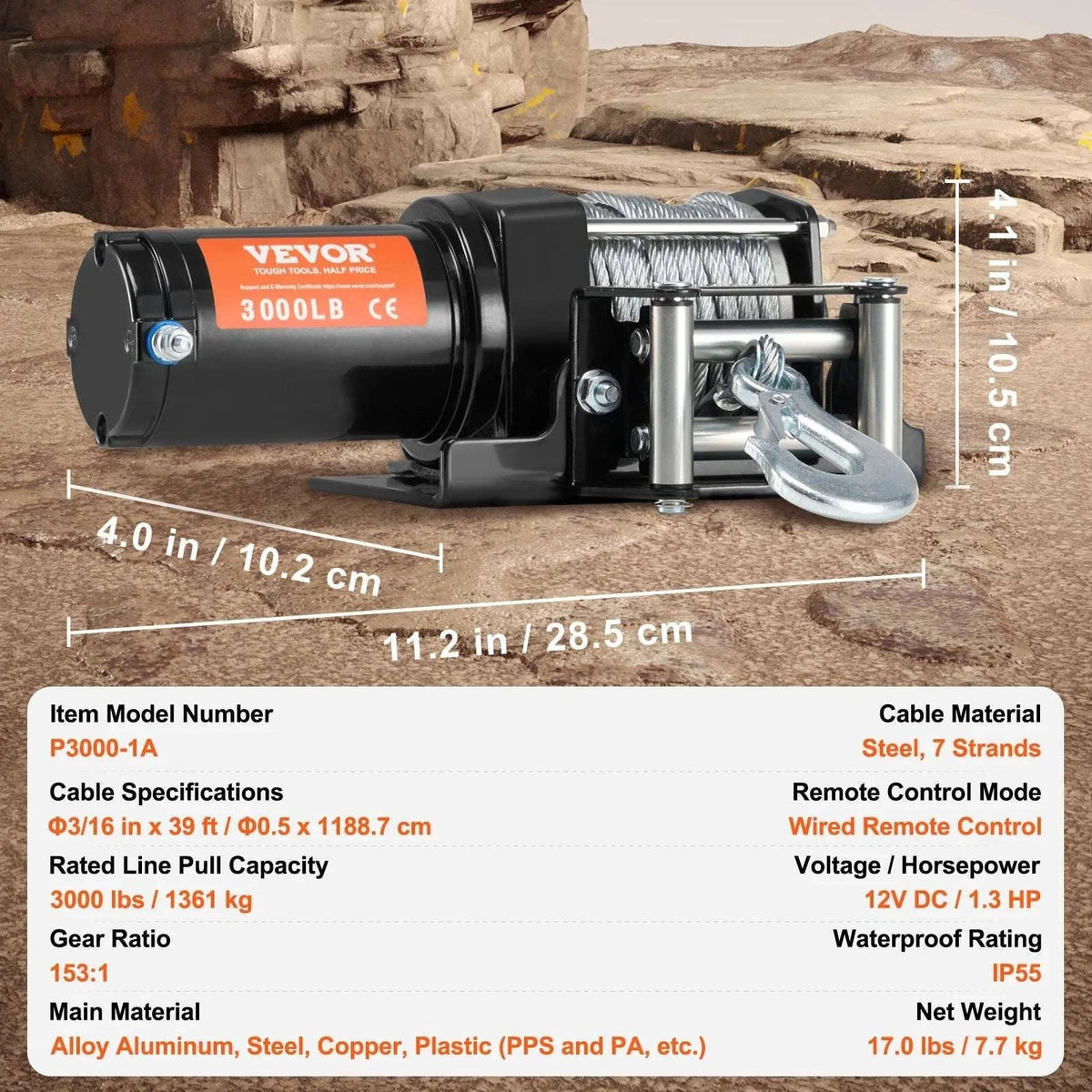 3000lbs ATV Electric Winch with 12V Motor & 39ft Steel Cable-3000lbs 39ft 1.3hp / france