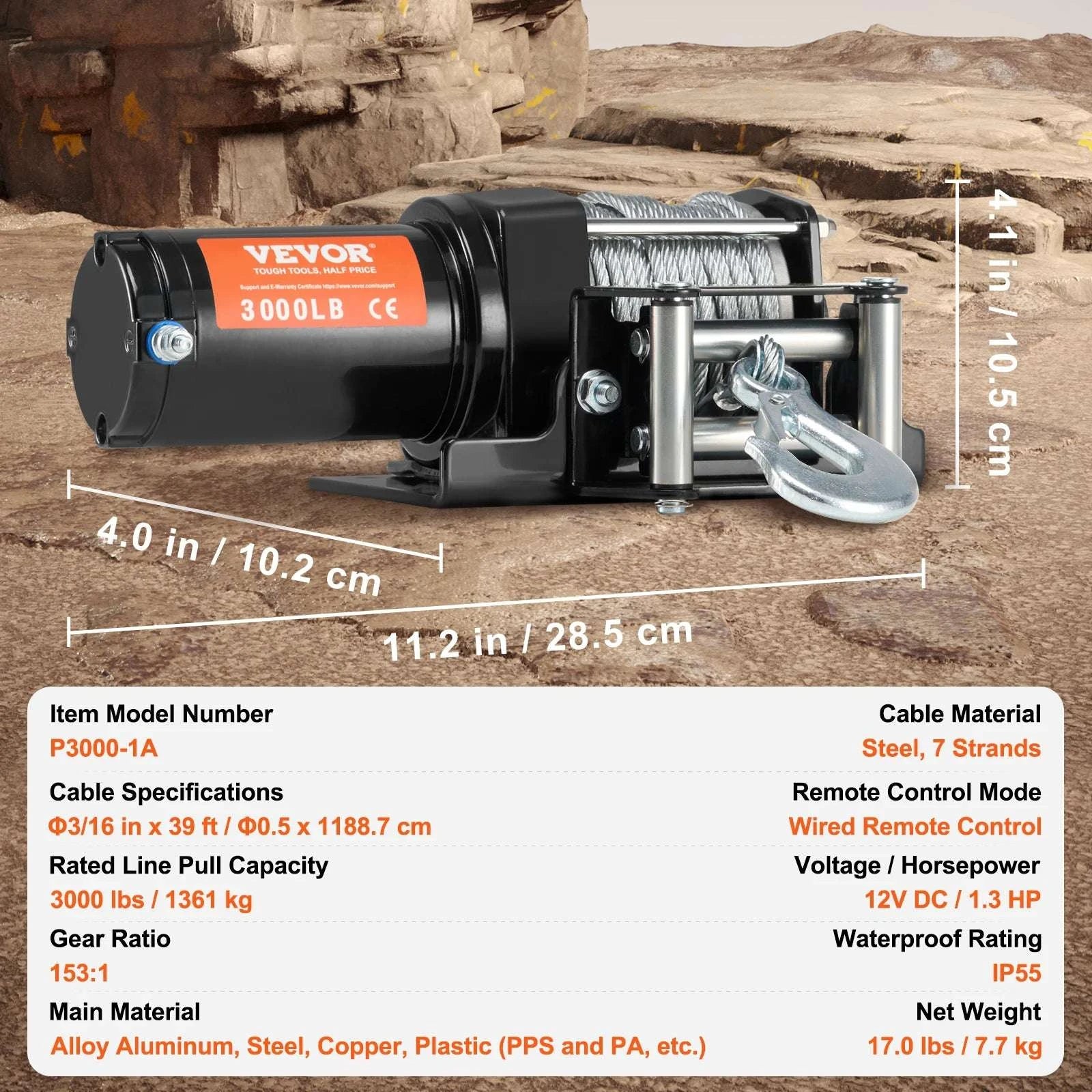 3000lbs ATV Electric Winch with 12V Motor & 39ft Steel Cable-3000lbs 39ft 1.3hp / france