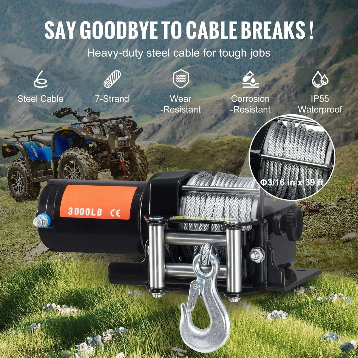 3000lbs ATV Electric Winch with 12V Motor & 39ft Steel Cable-3000lbs 39ft 1.3hp / france