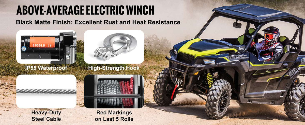 3000lbs ATV Electric Winch with 12V Motor & 39ft Steel Cable-3000lbs 39ft 1.3hp / france