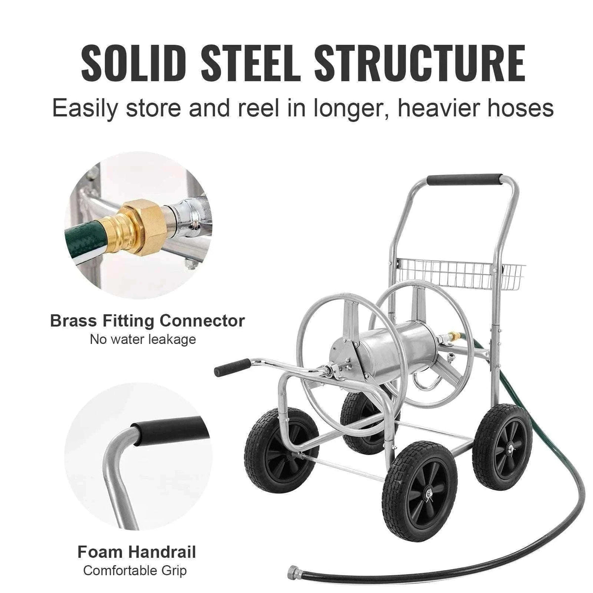 300ft Garden Hose Reel Cart with Wheels, Steel Frame & Crank Handle-300FT / 5/8'' / 200ft|United States