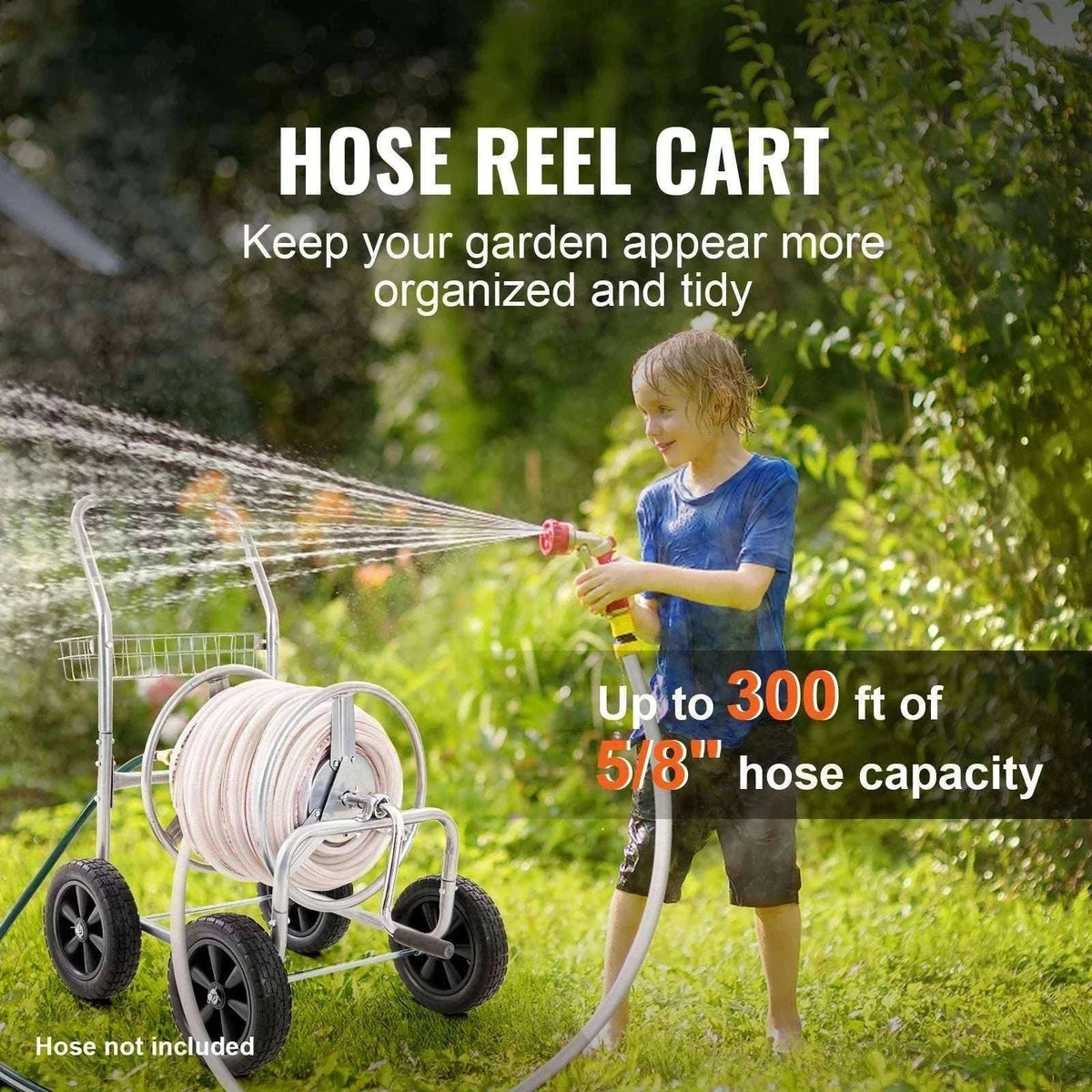 300ft Garden Hose Reel Cart with Wheels, Steel Frame & Crank Handle-300FT / 5/8'' / 200ft|United States