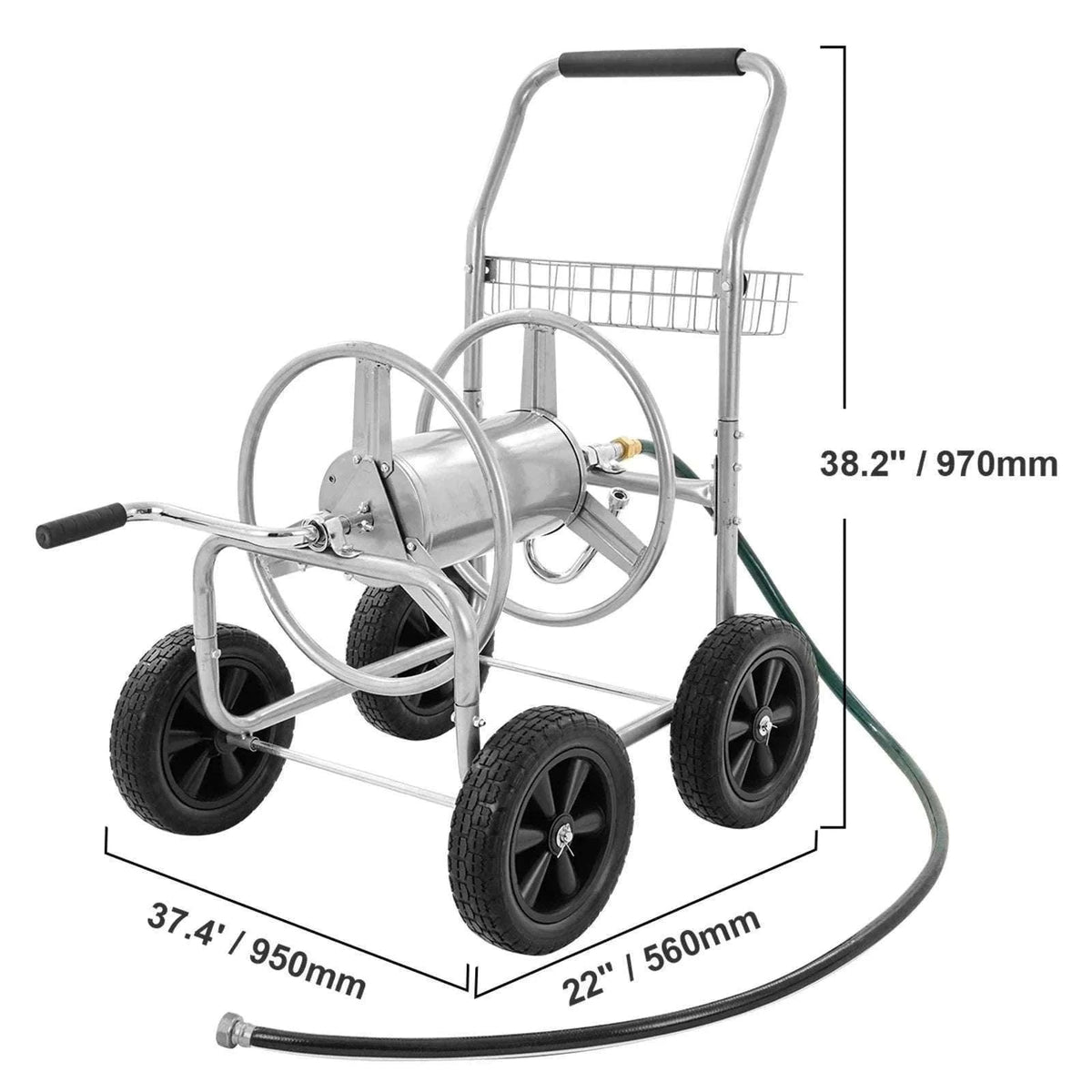 300ft Garden Hose Reel Cart with Wheels, Steel Frame & Crank Handle-300FT / 5/8'' / 200ft|United States