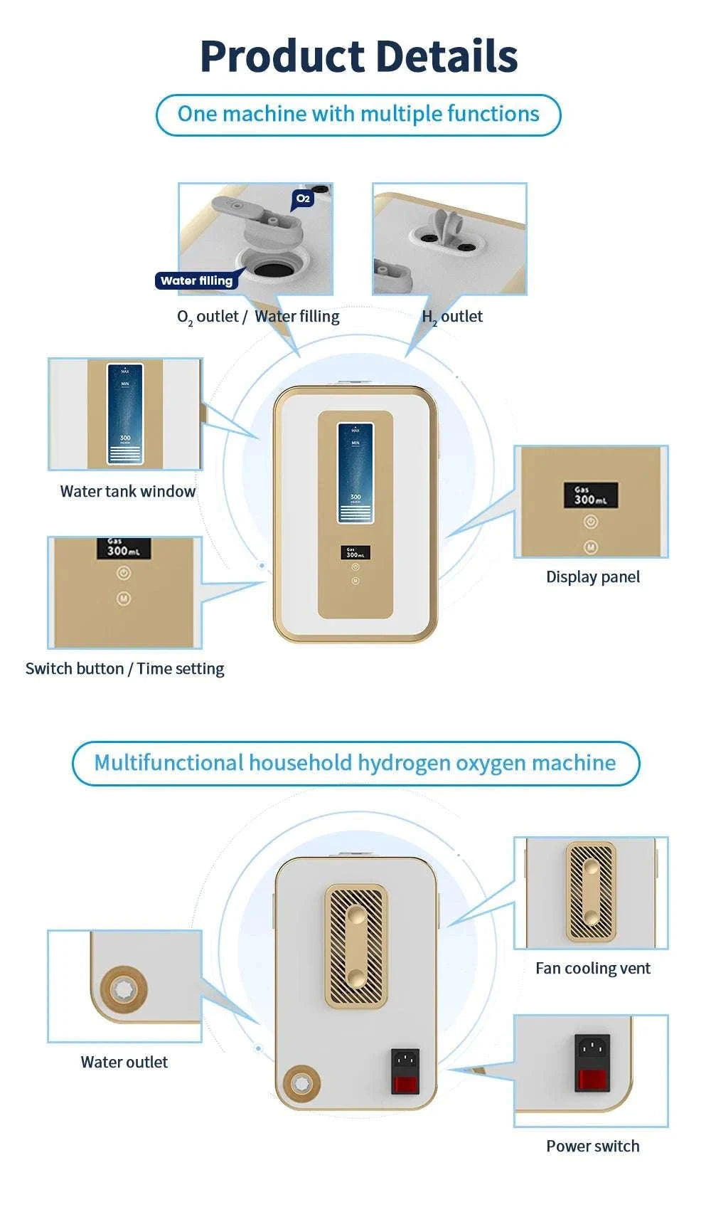 300ml Hydrogen Inhalation Machine with Dual Outlet & Timer Control-US