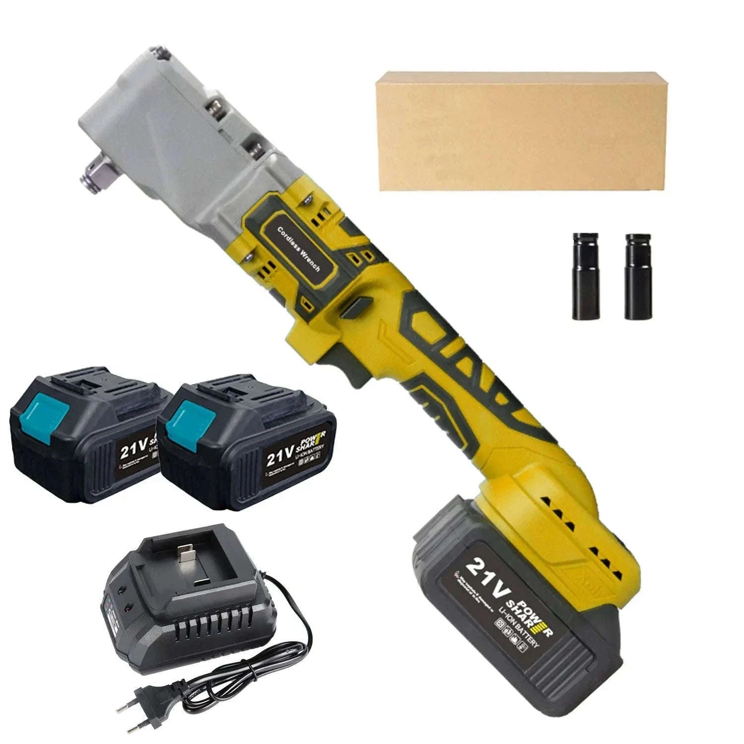 300Nm Cordless Right Angle Ratchet Wrench 90° Brushless 21V-Yellow 2 Pcs Batteries / france / EU