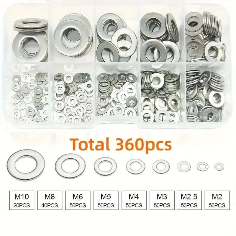 304 Stainless Steel Flat Washers Set – Corrosion‑Resistant, Multi‑Size, Heavy‑Duty Fixing Kit-WHITE / 360Pcs