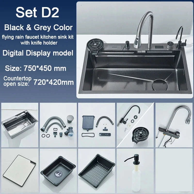 304 Stainless Steel Kitchen Sink with Digital Display Waterfall Faucet-Set A-Brush Gold / United States