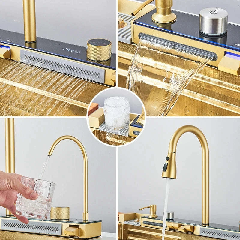 304 Stainless Steel Kitchen Sink with Digital Display Waterfall Faucet-Set A-Brush Gold / United States