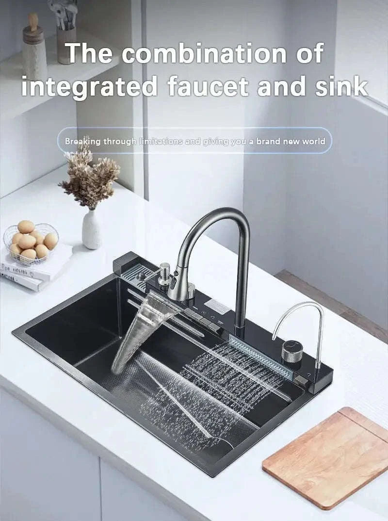 304 Stainless Steel Waterfall Kitchen Sink with Digital Display Faucet Set-Black 75x45 / france