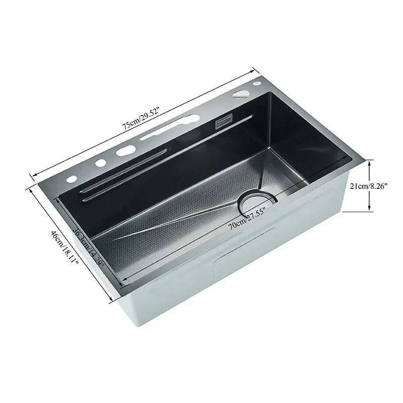 304 Stainless Steel Waterfall Kitchen Sink with Digital Display Faucet Set-Black 75x45 / france