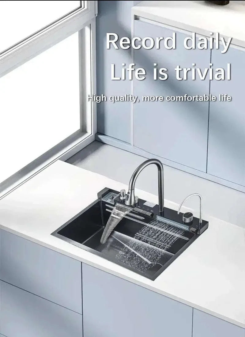 304 Stainless Steel Waterfall Kitchen Sink with Digital Display Faucet Set-Black 75x45 / france