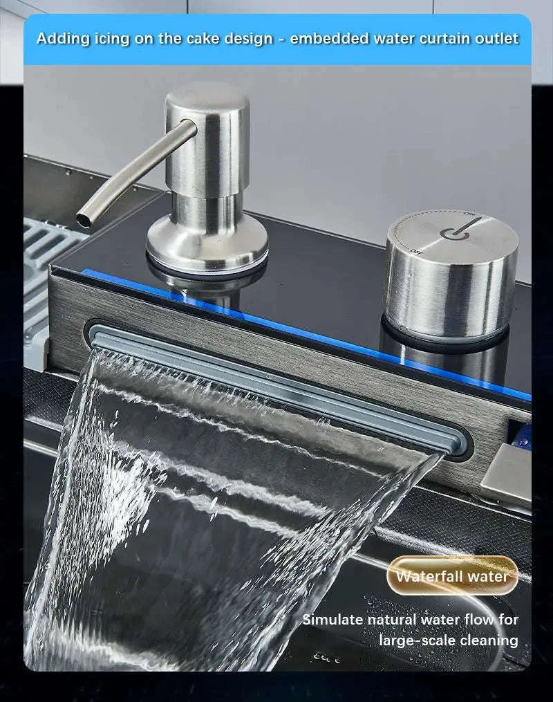 304 Stainless Steel Waterfall Kitchen Sink with Digital Display Faucet Set-Black 75x45 / france