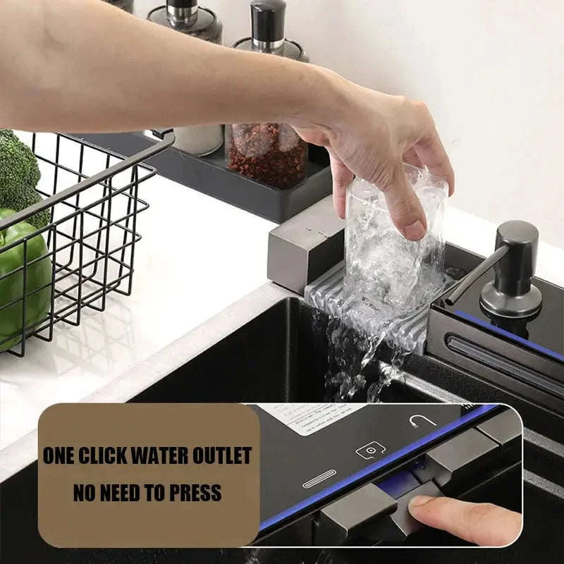 304 Stainless Steel Waterfall Kitchen Sink with Digital Display Faucet Set-Black 75x45 / france