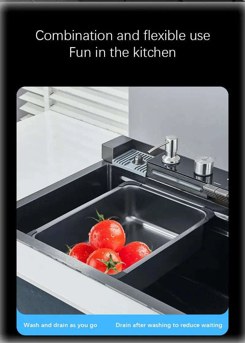 304 Stainless Steel Waterfall Kitchen Sink with Digital Display Faucet Set-Black 75x45 / france