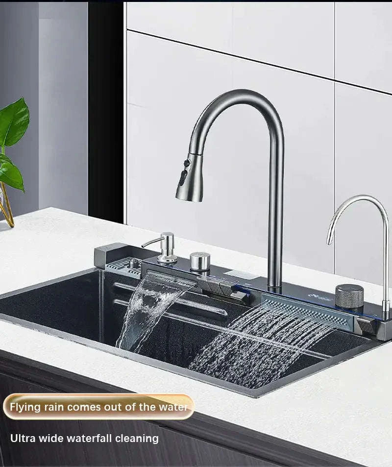 304 Stainless Steel Waterfall Kitchen Sink with Digital Display Faucet Set-Black 75x45 / france