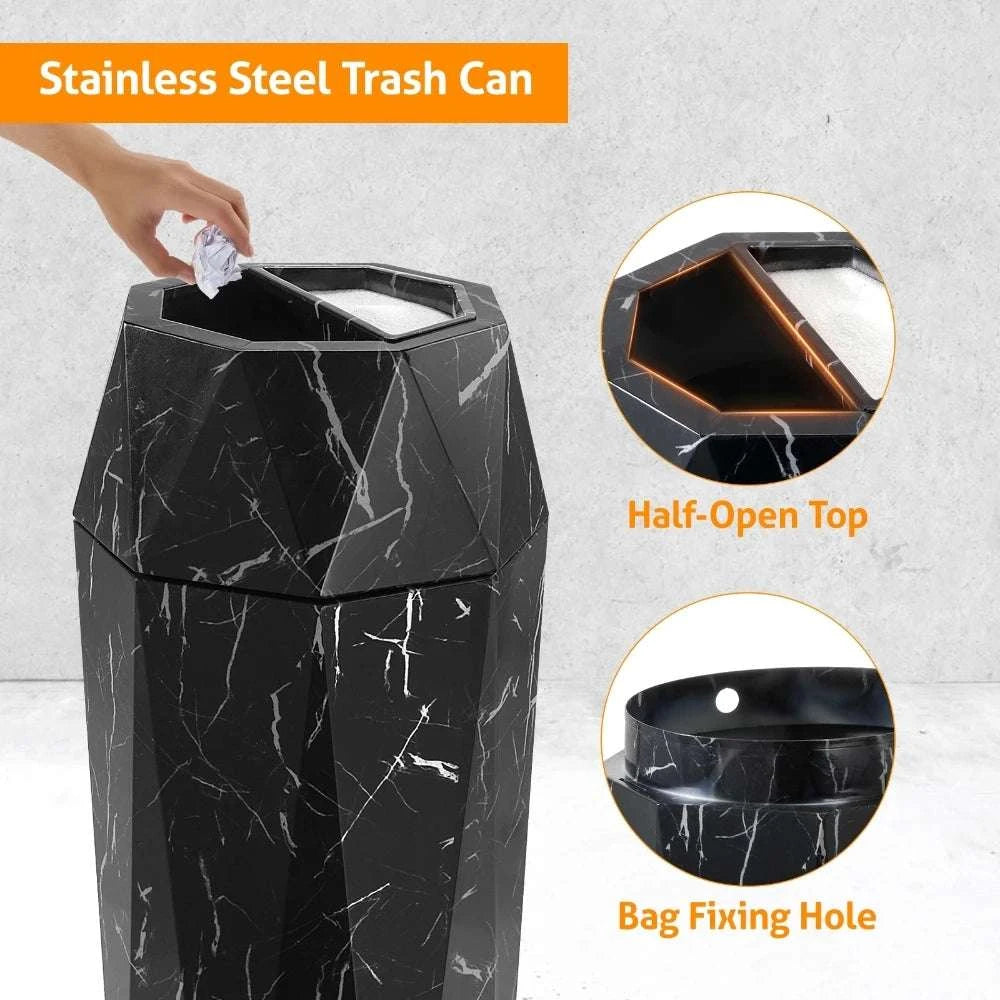 30L Diamond Style Stainless Steel Trash Can with Ashtray Lid-Black Imitation Marb / 300x300x700mm / United States