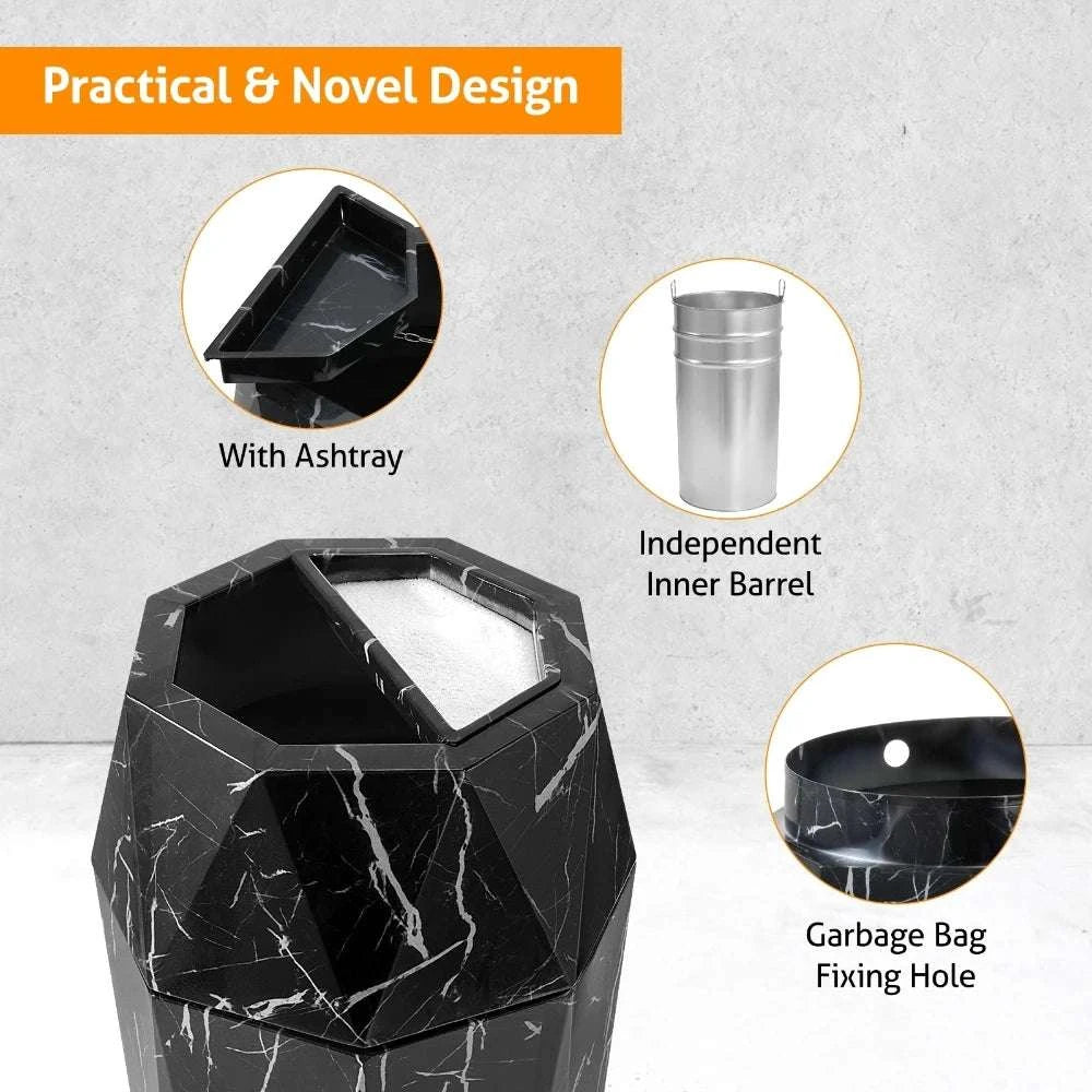 30L Diamond Style Stainless Steel Trash Can with Ashtray Lid-Black Imitation Marb / 300x300x700mm / United States