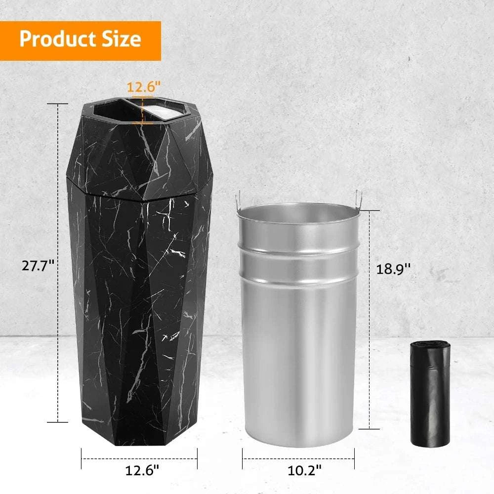 30L Diamond Style Stainless Steel Trash Can with Ashtray Lid-Black Imitation Marb / 300x300x700mm / United States