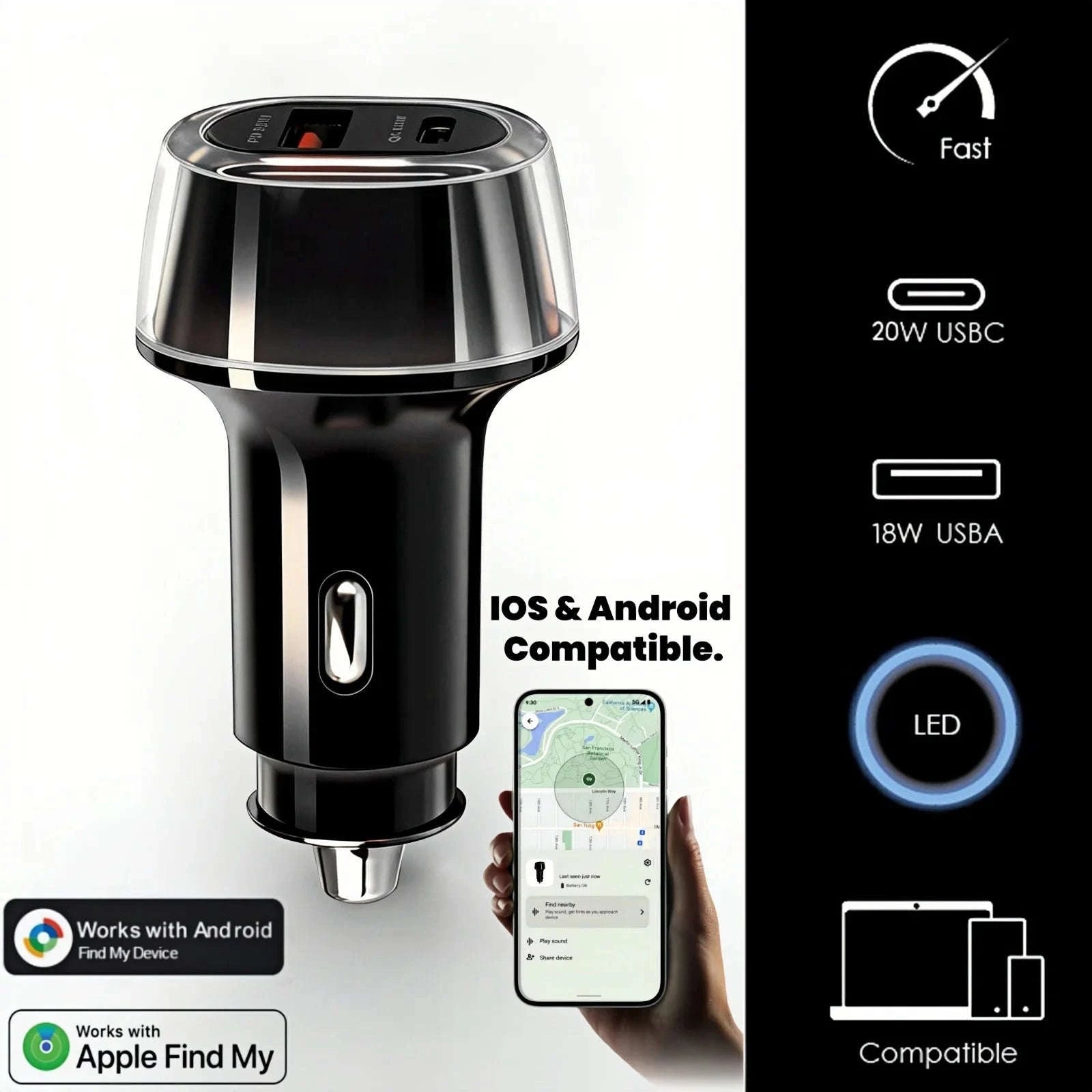30W Car Charger with Built-In GPS Tracker and Find My Support-iOS and Android