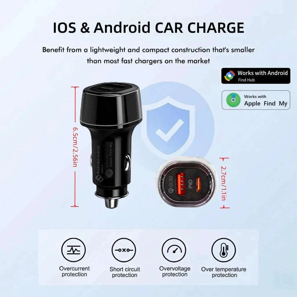 30W Car Charger with Built-In GPS Tracker and Find My Support-iOS and Android