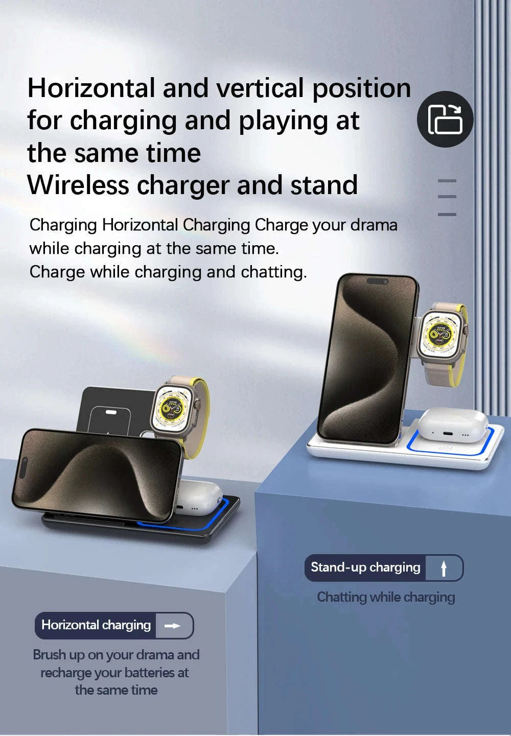 30W Fast 3 in 1 Wireless Charger Stand-black