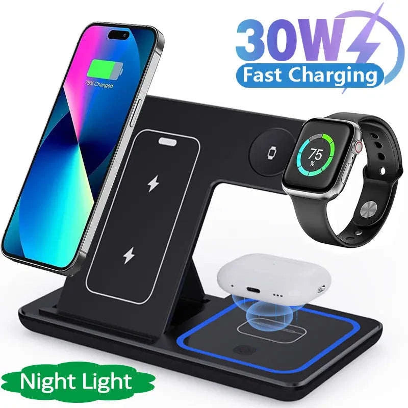 30W Fast 3 in 1 Wireless Charger Stand-black