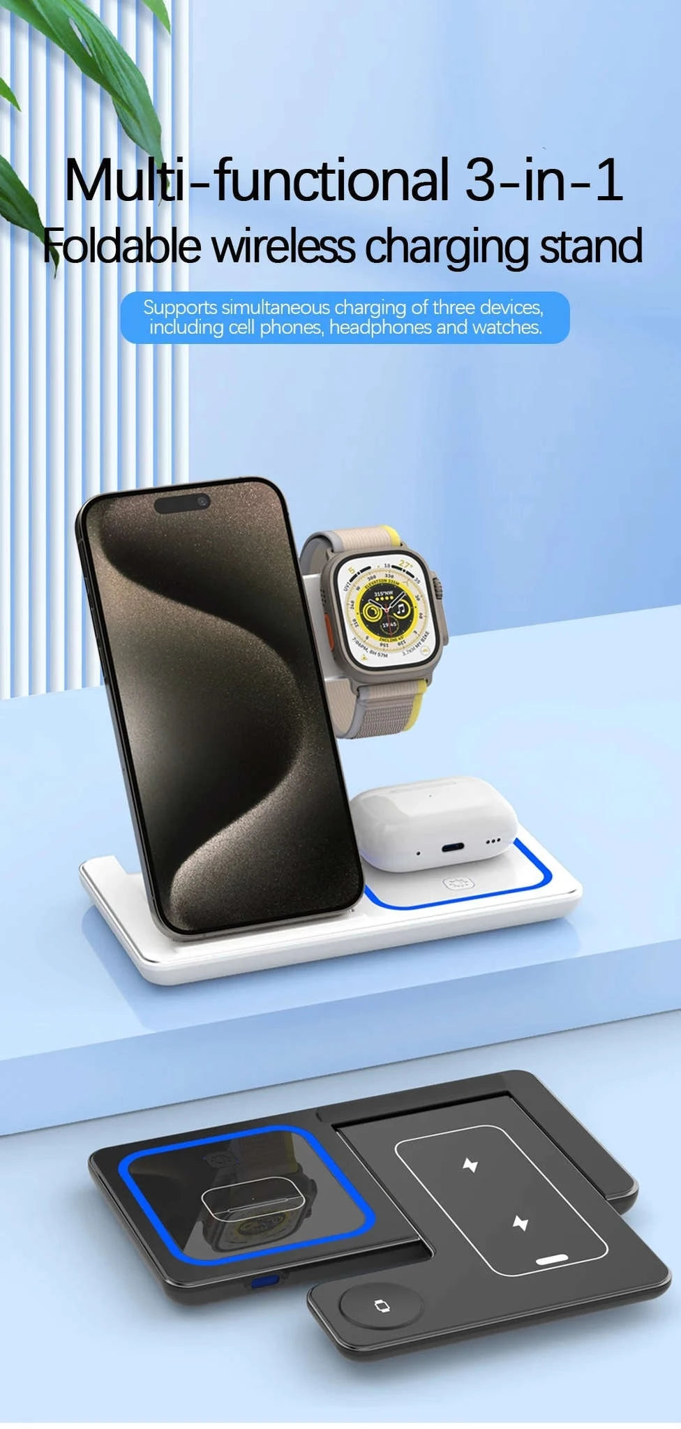 30W Fast 3 in 1 Wireless Charger Stand-black