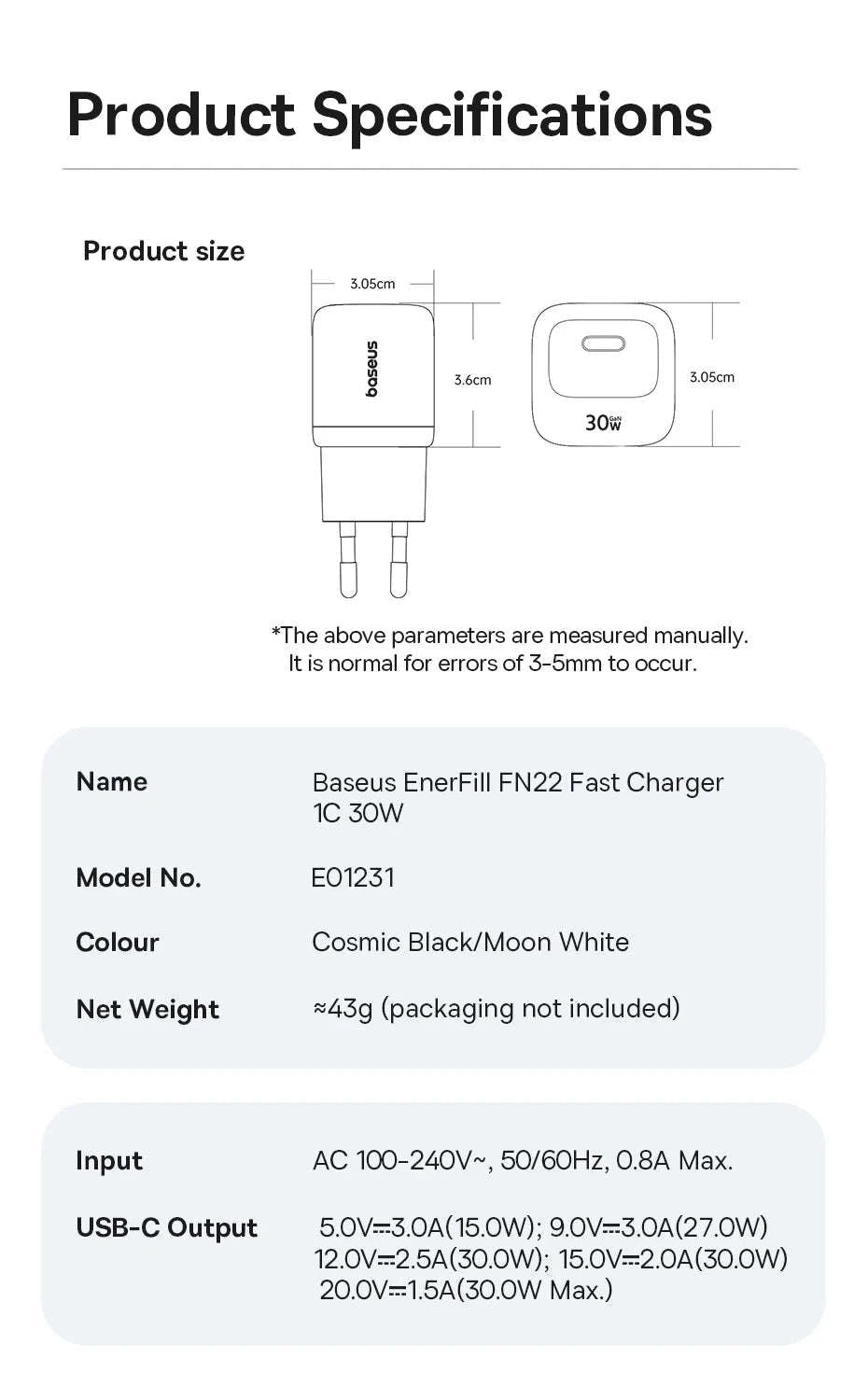 30W GaN USB-C Fast Charger PD 3.0 for iPhone & Tablets-EU Plug Black