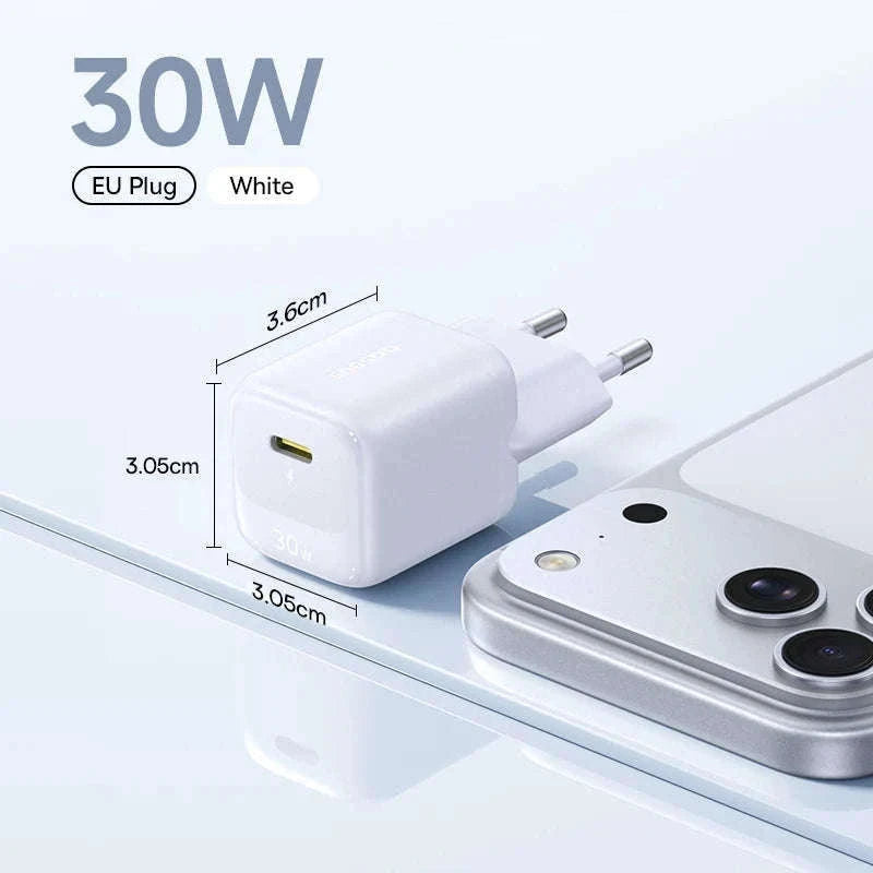 30W GaN USB-C Fast Charger PD 3.0 for iPhone & Tablets-EU Plug White