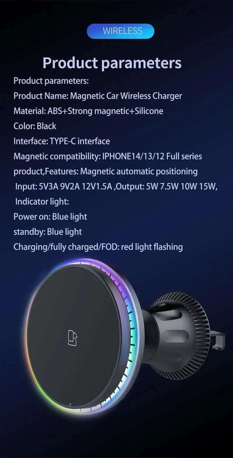 30W Magnetic Car Wireless Charger with RGB Lighting-RGB With Cable