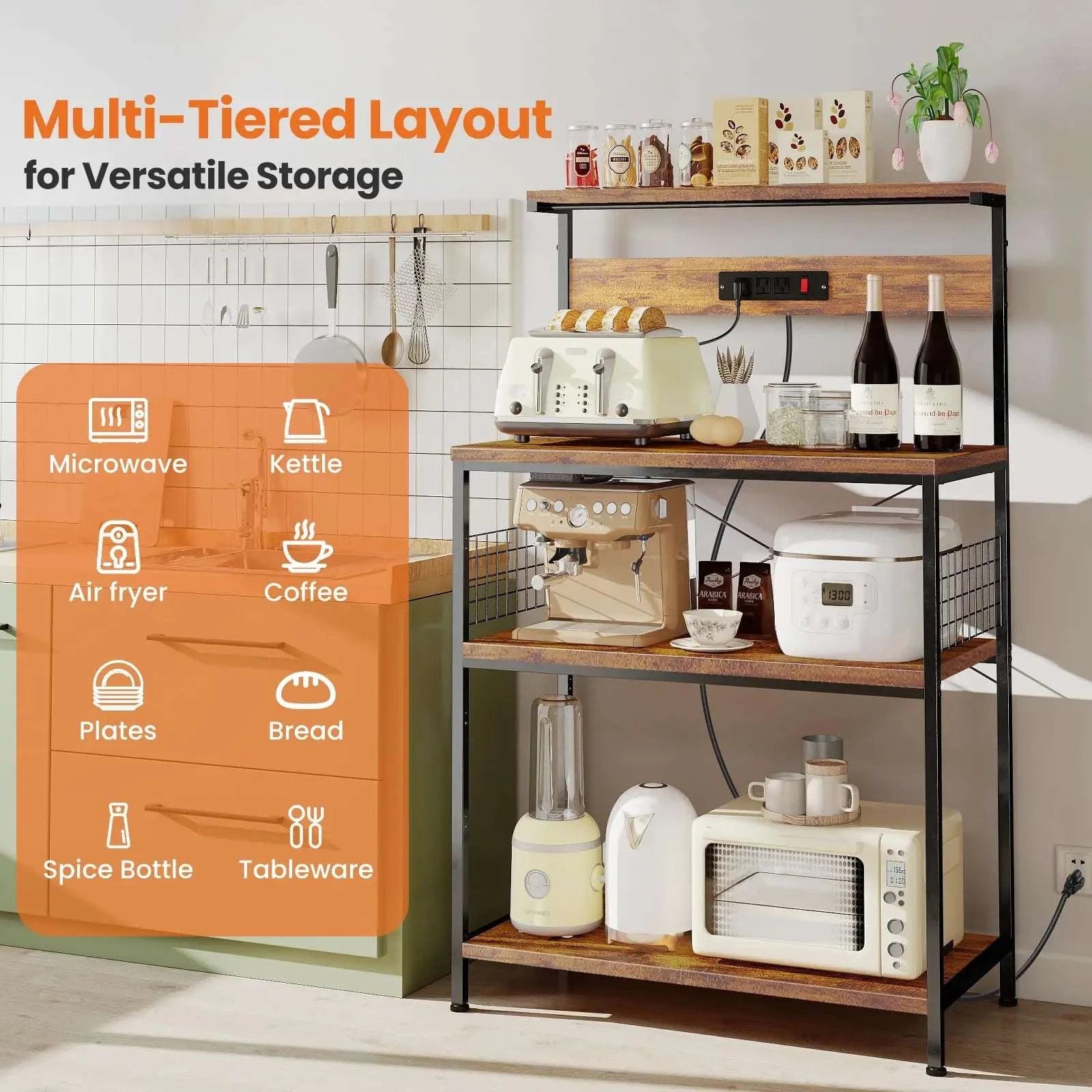 31.5" Kitchen Bakers Rack with Power Outlet & 4-Tier Storage-31.5IN RUST / United States