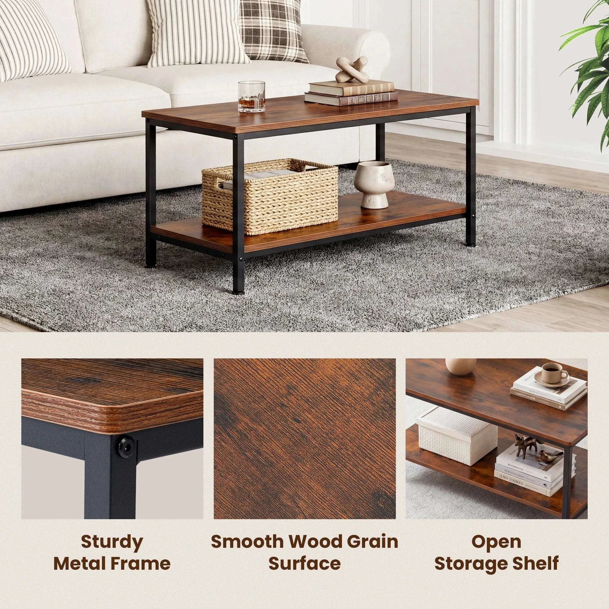 31" Wood Coffee Table with 2-Tier Storage Shelf for Living Room-Brown / United States