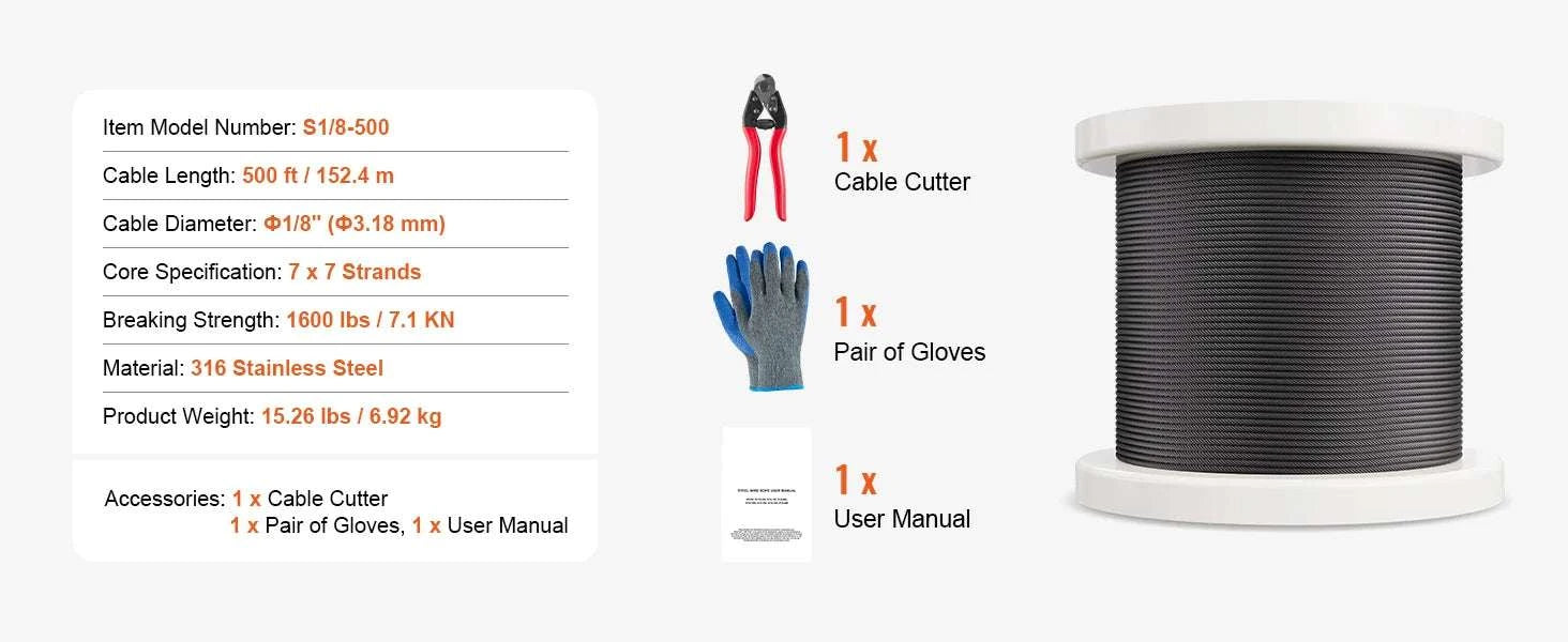 316 Stainless Steel Wire Rope Kit 500ft with Cutter & Gloves-500ft / United States