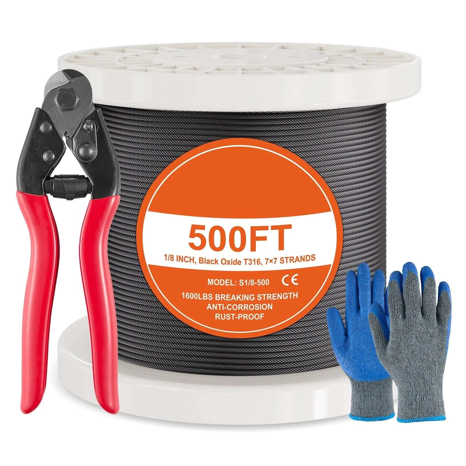 316 Stainless Steel Wire Rope Kit 500ft with Cutter & Gloves-500ft / United States
