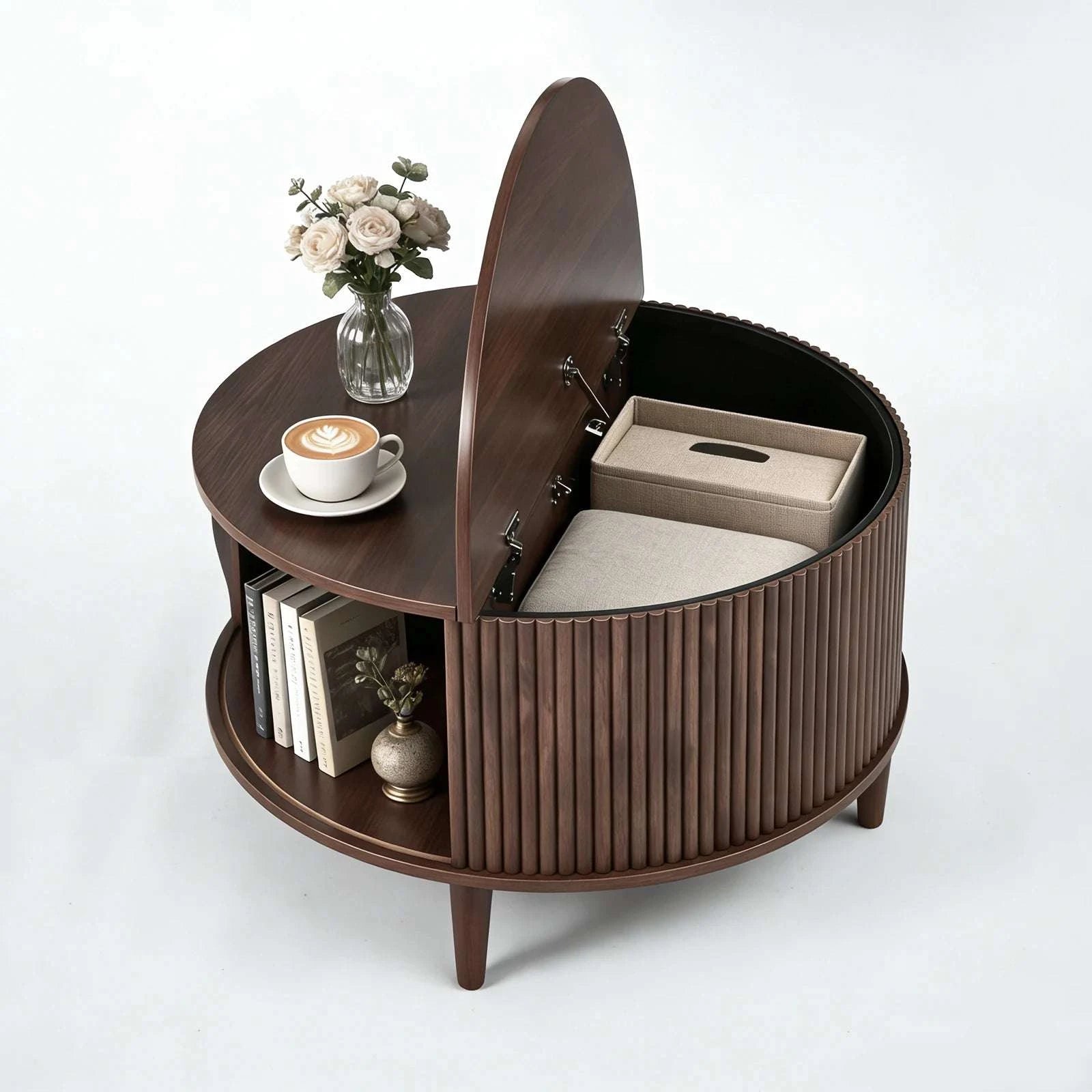 31in Round Coffee Table with Flip-Top Storage and Sliding Door-Rust / United States