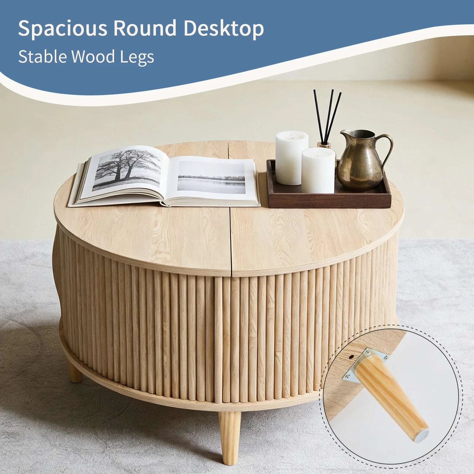 31in Round Coffee Table with Flip-Top Storage and Sliding Door-Rust / United States