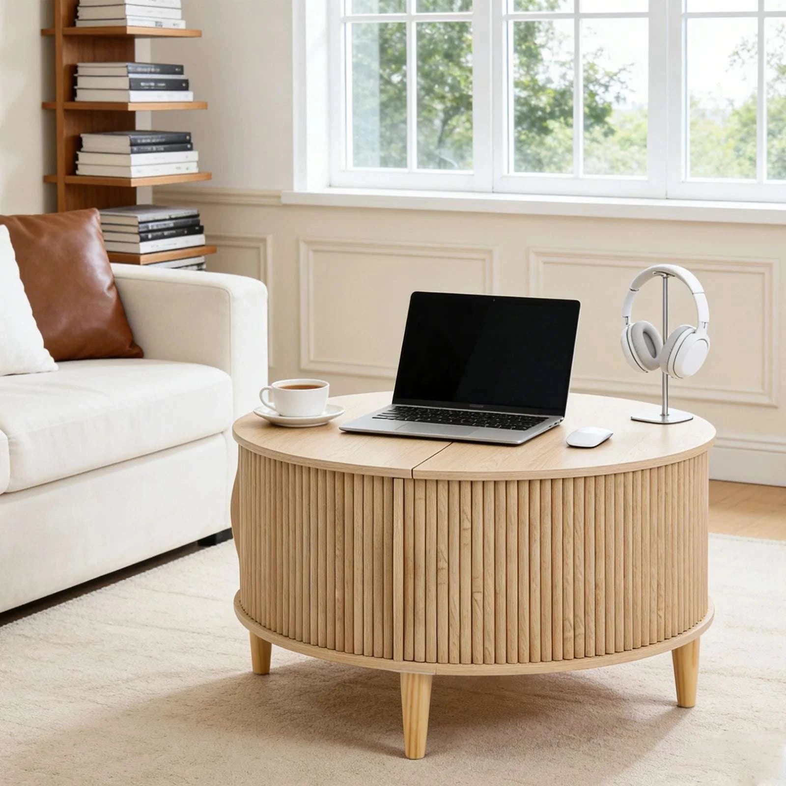 31in Round Coffee Table with Flip-Top Storage and Sliding Door-Rust / United States