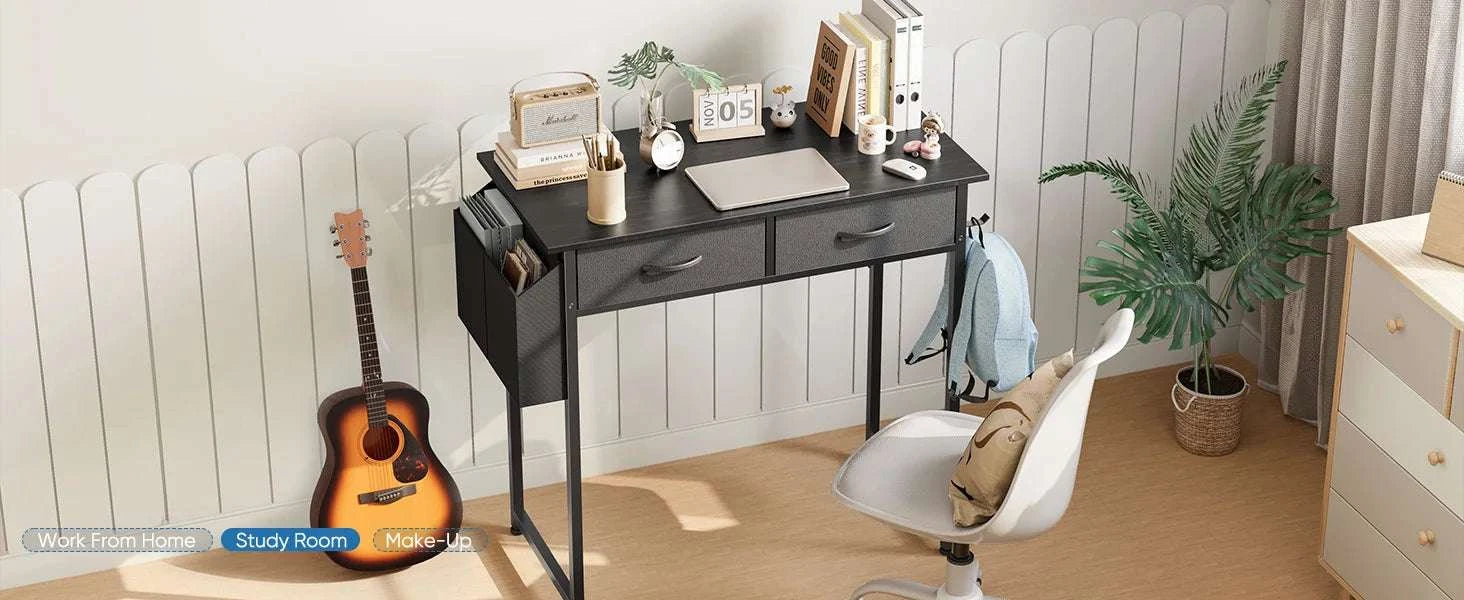 32 Inch Modern Office Desk with Drawers and Side Storage Bag-Brown / United States