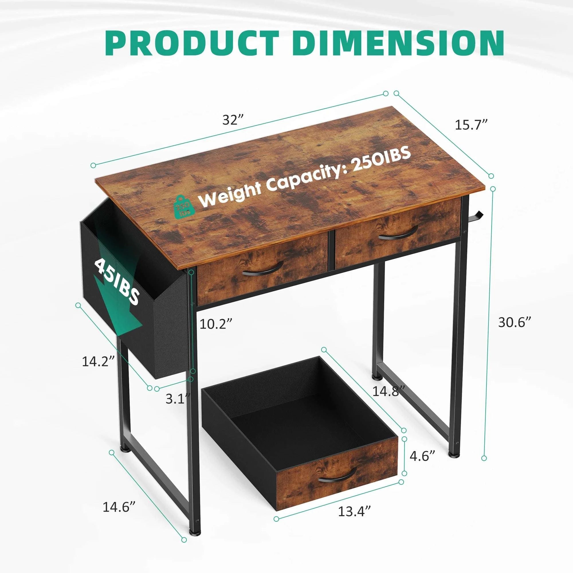 32-Inch Modern Office Desk with Fabric Drawers and Side Storage Bag-black / United States