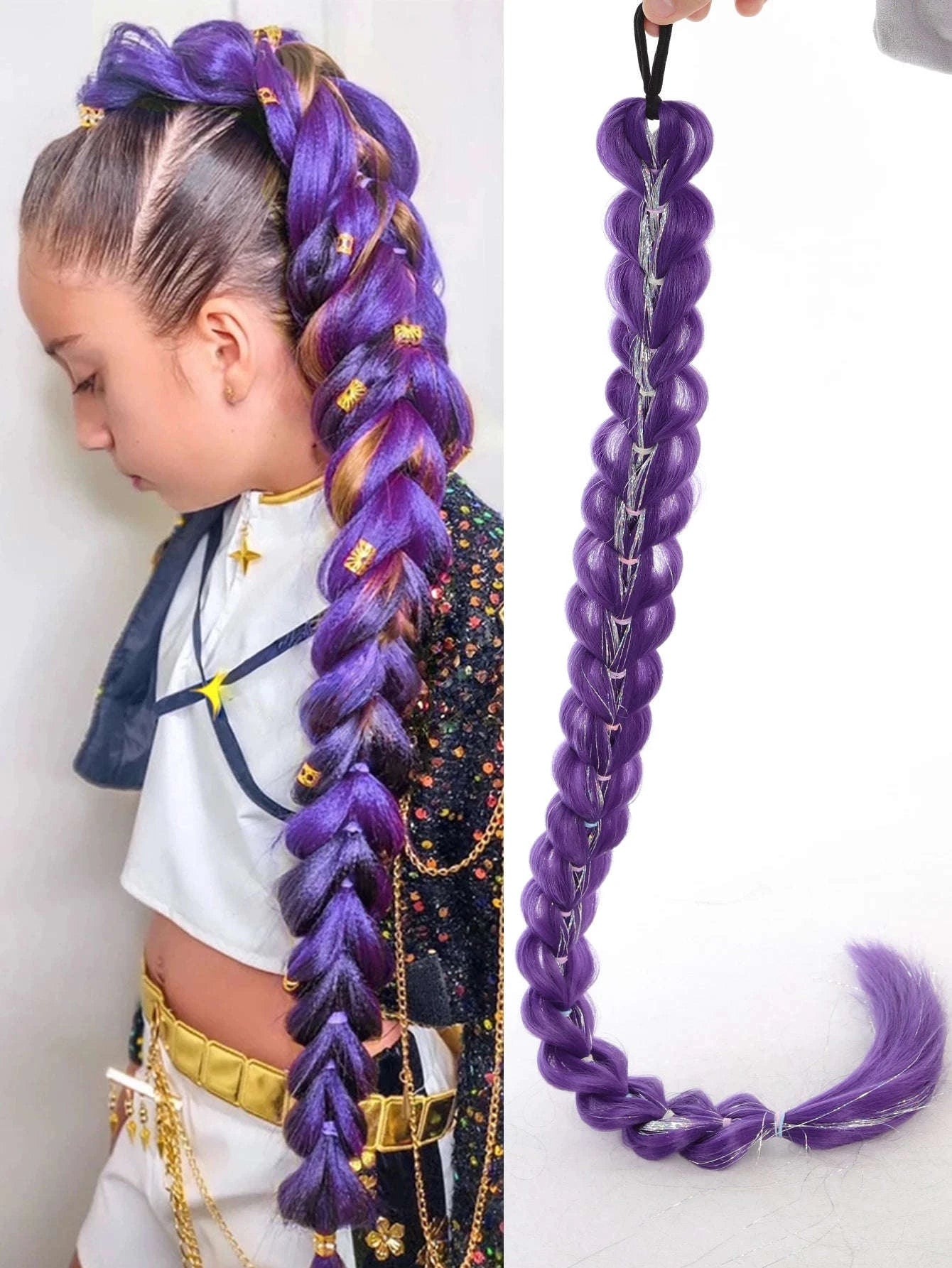 32-inch Purple Braided Ponytail with Shiny Tinsel Hair Extensions-PY716-32-PUR
