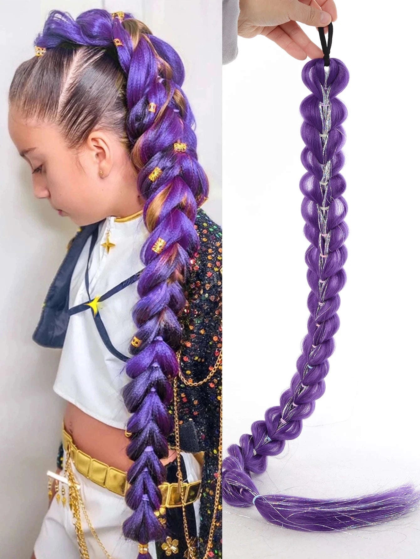 32-inch Purple Braided Ponytail with Shiny Tinsel Hair Extensions-PY716-32-PUR