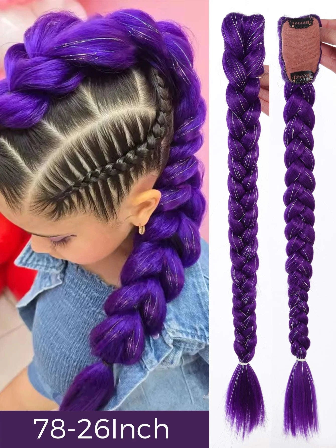 32-inch Purple Braided Ponytail with Shiny Tinsel Hair Extensions-PY716-32-PUR