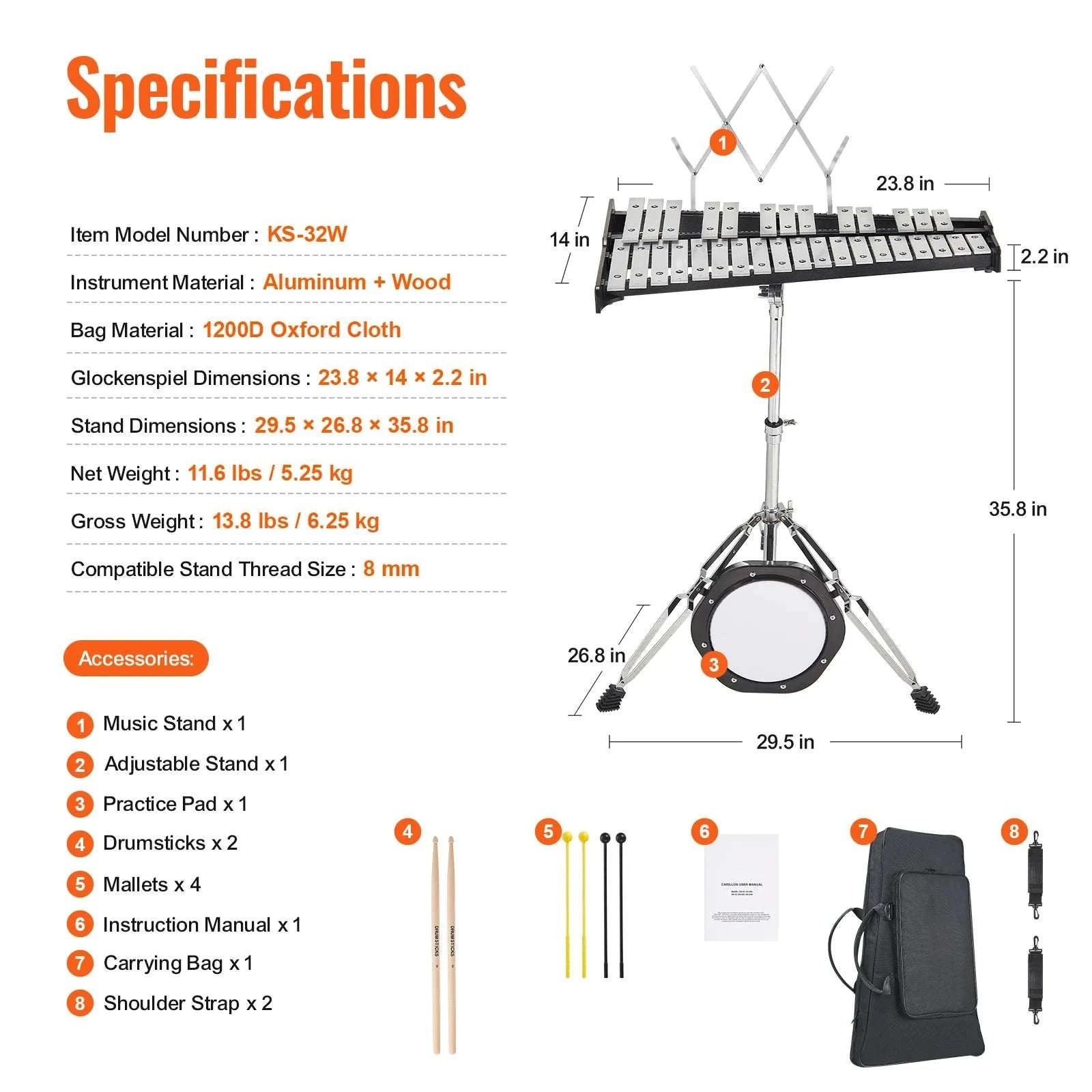 32 Note Glockenspiel Xylophone Kit with Stand, Mallets & Bag-Without Stand Pad / United States