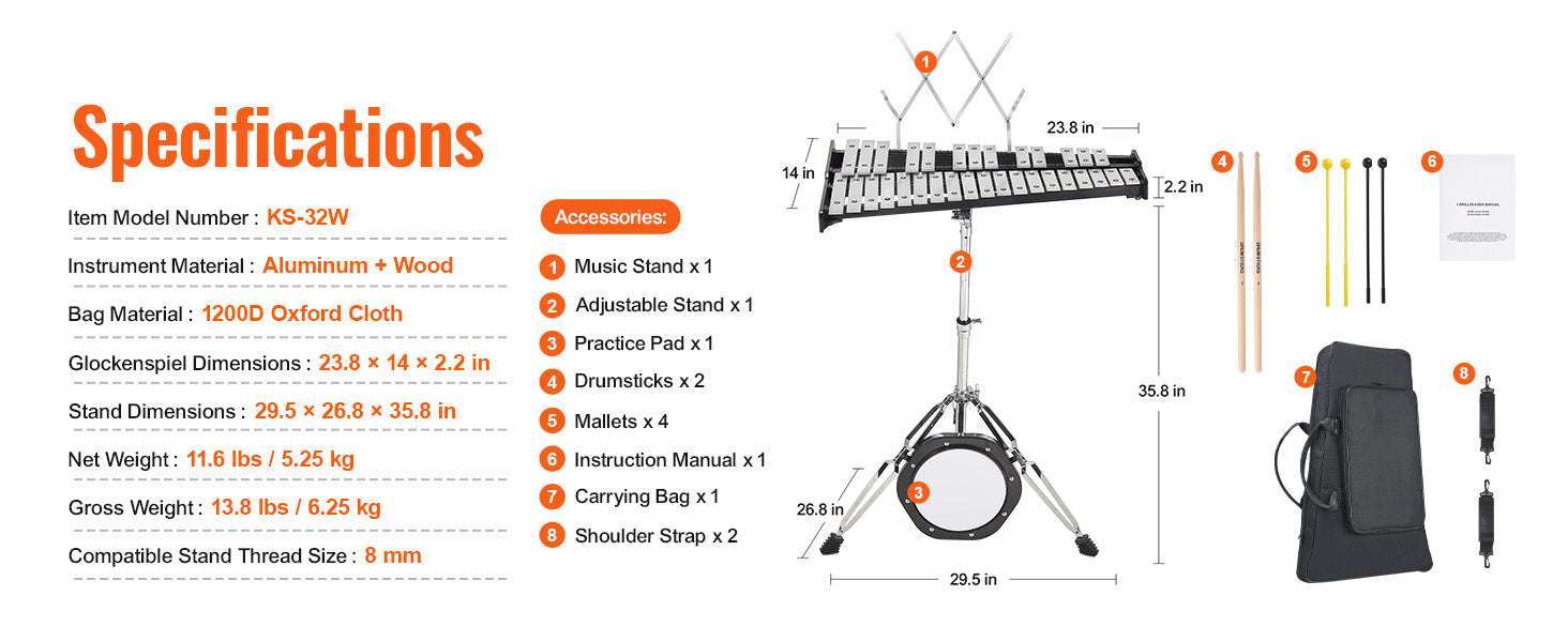 32 Note Glockenspiel Xylophone Kit with Stand, Mallets & Bag-Without Stand Pad / United States
