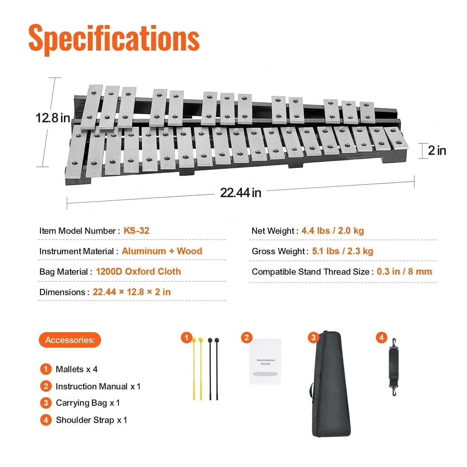 32 Note Glockenspiel Xylophone Kit with Stand, Mallets & Bag-Without Stand Pad / United States