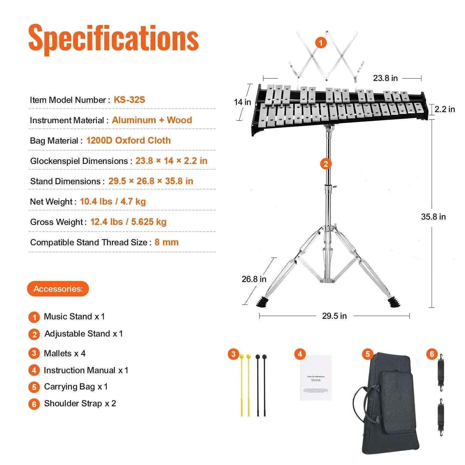 32 Note Glockenspiel Xylophone Kit with Stand, Mallets & Bag-Without Stand Pad / United States