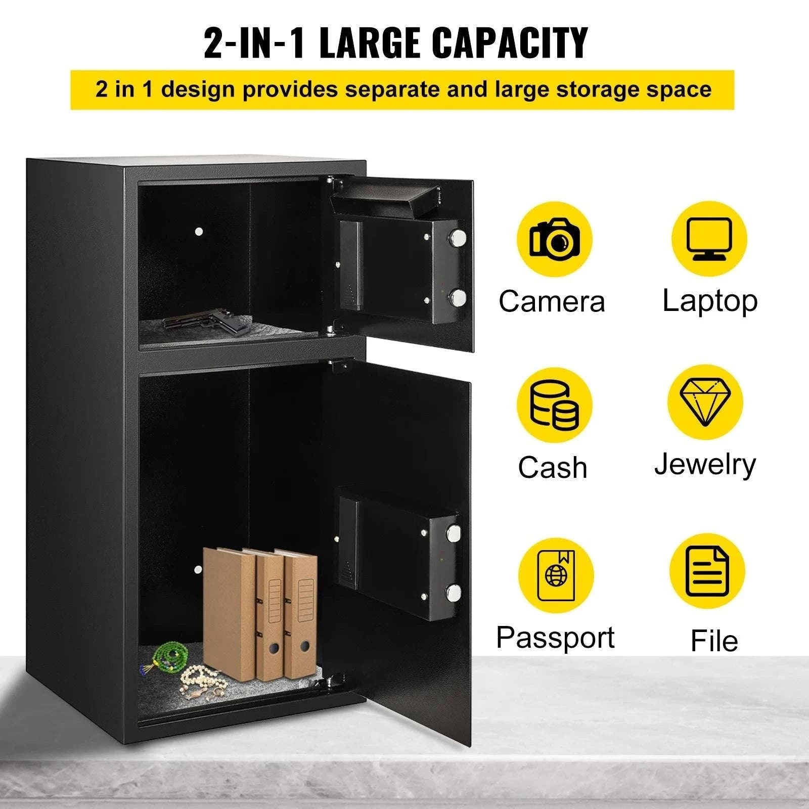 33" Double Door Steel Safe with Digital Lock & Hidden Storage-Black / United States